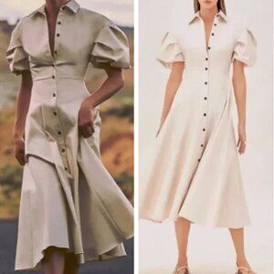 Alexis Amilya Puff-Sleeve Fit & Flare Midi Shirt Dress Ivory Beige S/M/L